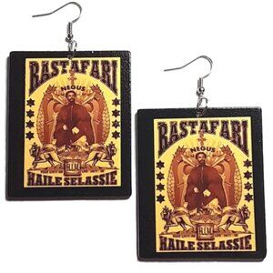 RASTAFARI Haile Selassie Rectangle Statement Dangle Wood Earrings